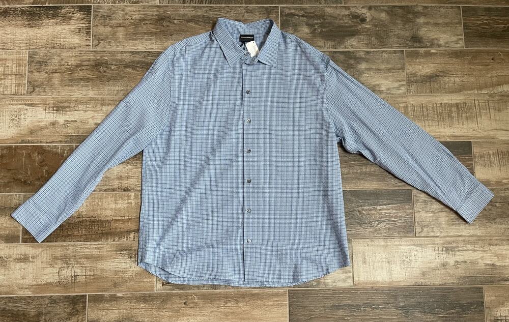 $595 NWT Emporio Armani 100% Cotton Plaid Spead Collar Blue Dress Shirt 3XL
